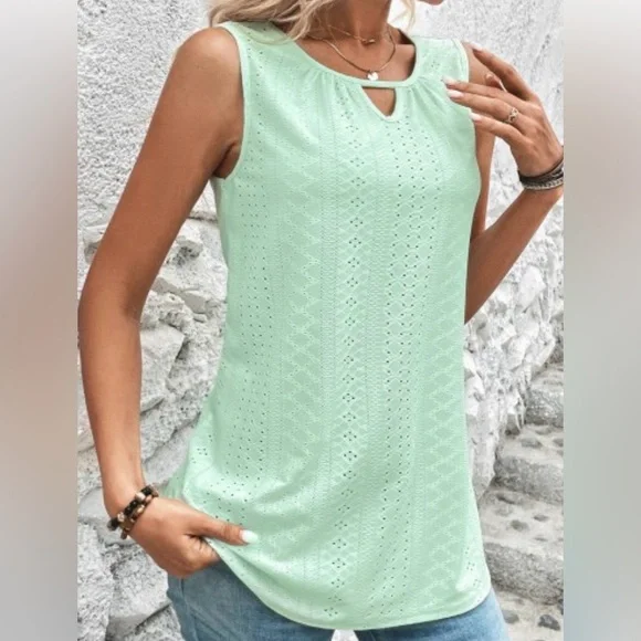 Mint Green Sleeveless Eyelet Top - Picture 3 of 10